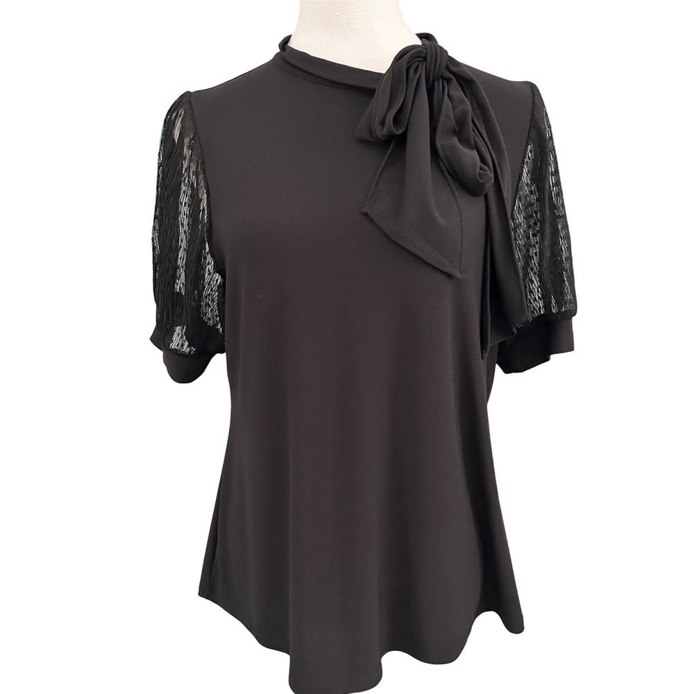 Flower & Feather Black Sheer Lace Sleeve Tie Neck Top Blouse Women's Large